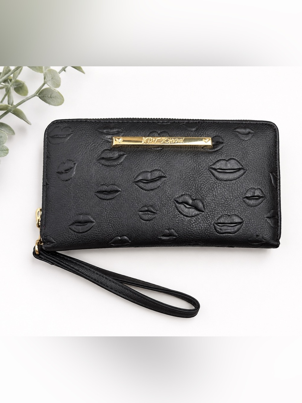 Betsey Johnson Black Embossed Lip Wristlet with Gold Plaque